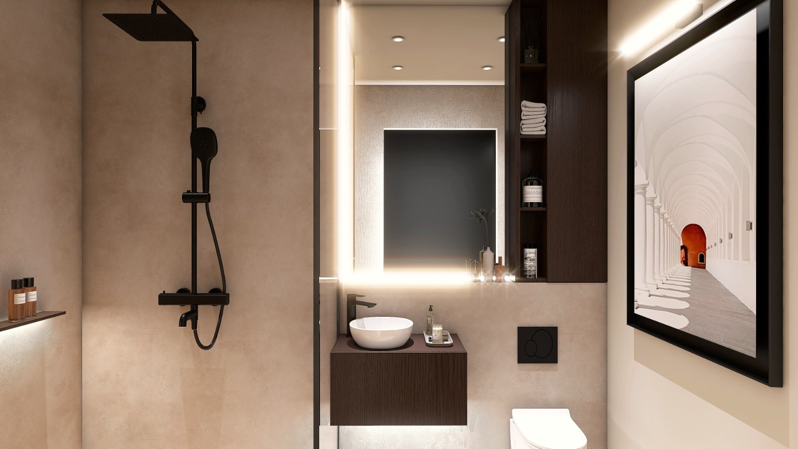 Bad mit Regendusche, Waschtisch und beleuchtetem Spiegelschrank
