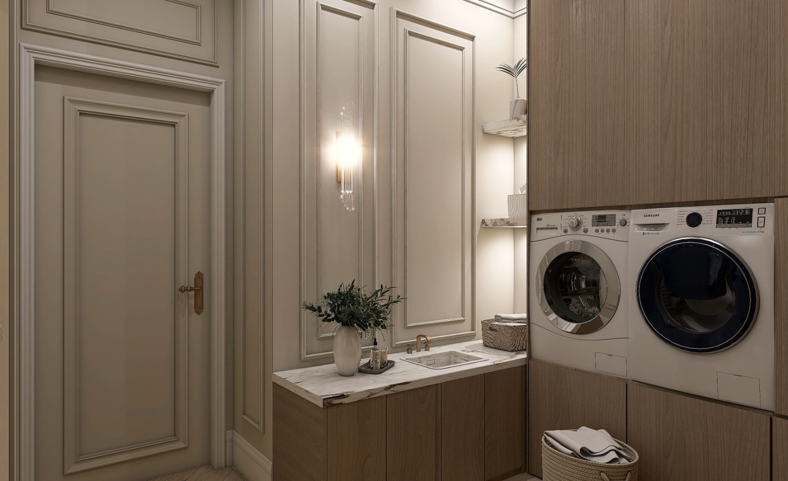 Hauswirtschaftsraum mit Marmor-Waschtisch und heller Holzverkleidung