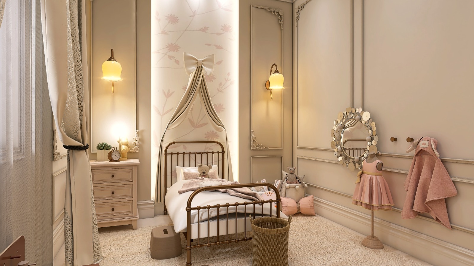 Kinderzimmer mit Baldachinbett und Stofftieren