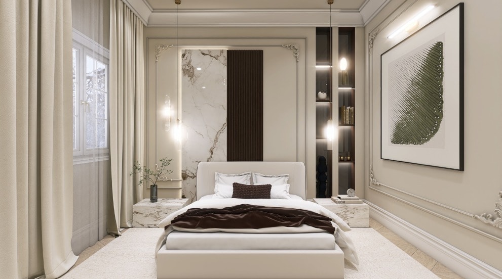 Schlafzimmer mit Marmorwand und gepolstertem Bett