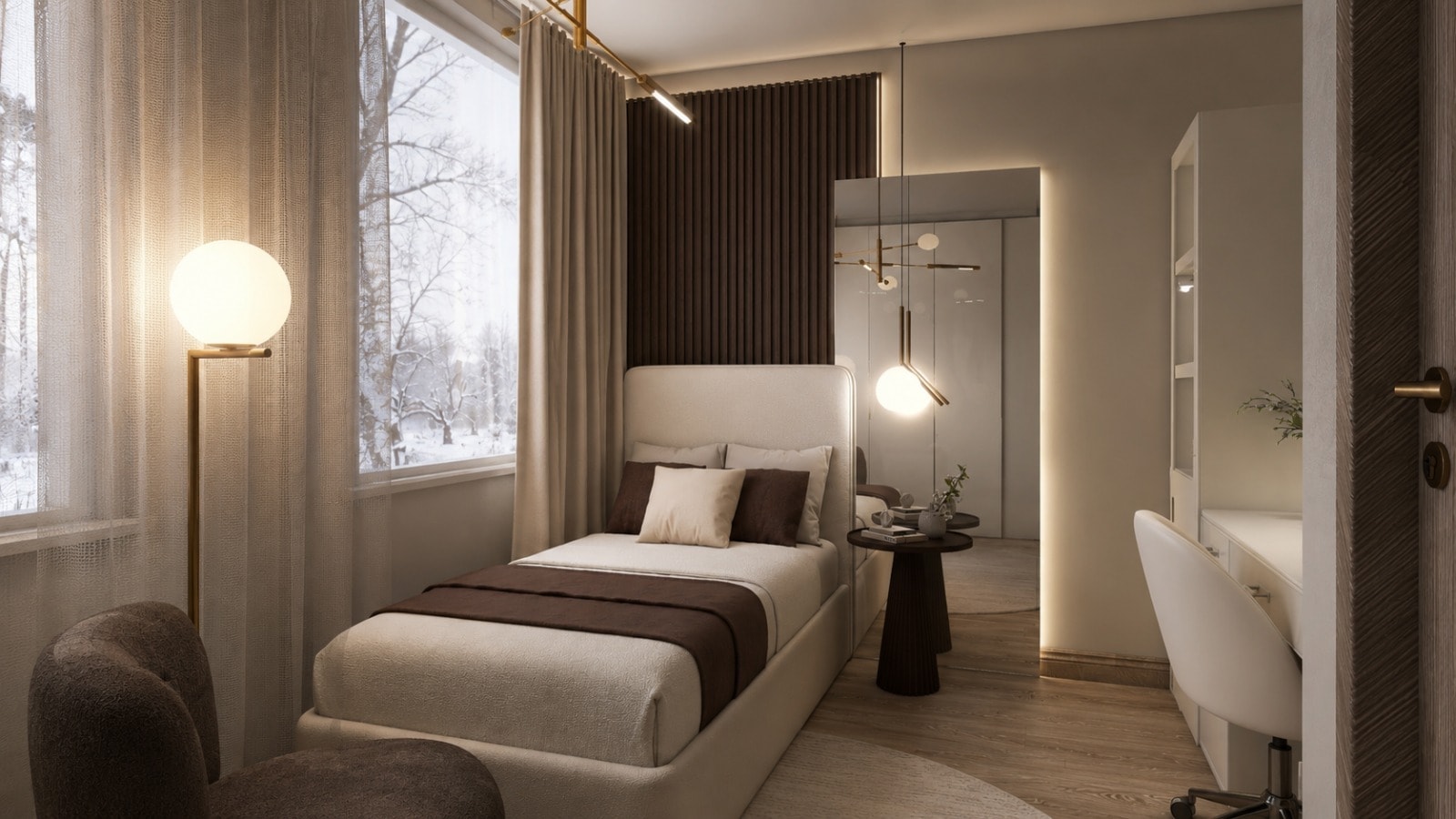 Schlafzimmer mit cremefarbenem Bett und dunklem Lamellenholz-Paneel